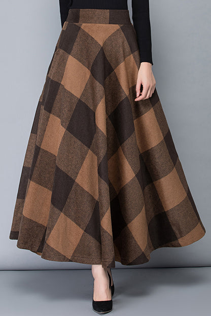 Brown Wool Maxi Skirt - Vintage Plaid Full Length 3782
