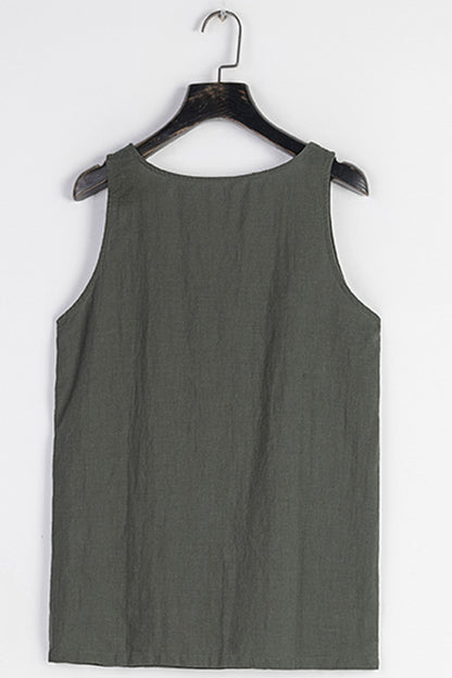 100% Linen Tank Top - Scoop Neck Decorative Buttons | Xiaolizi 3410
