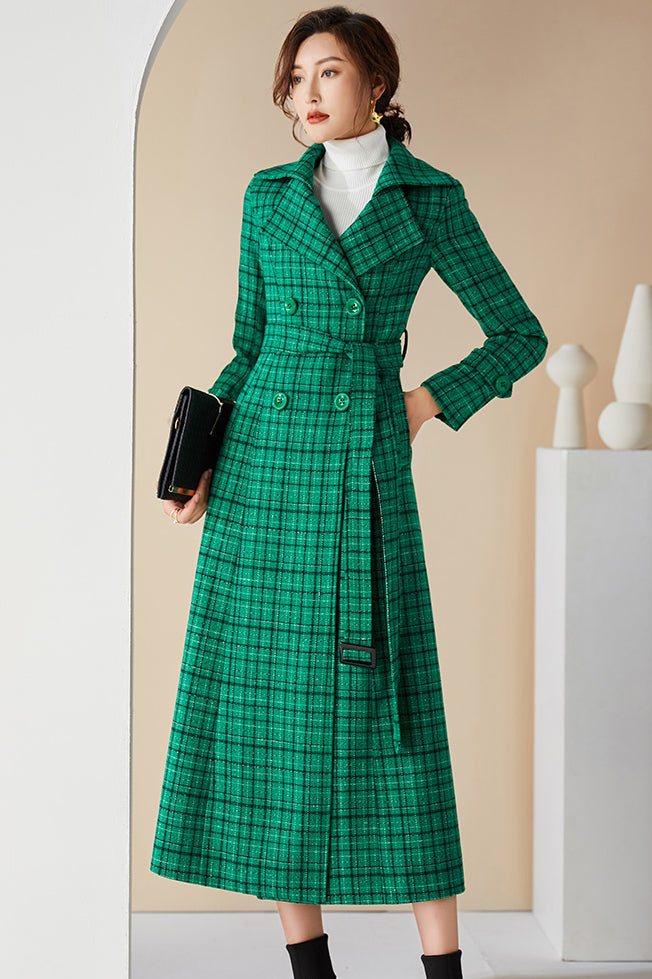 Women Green Plaid Wool Coat 3992