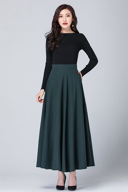 Dark Green Linen A-Line Maxi Skirt - High Waist with Side Pockets 4114