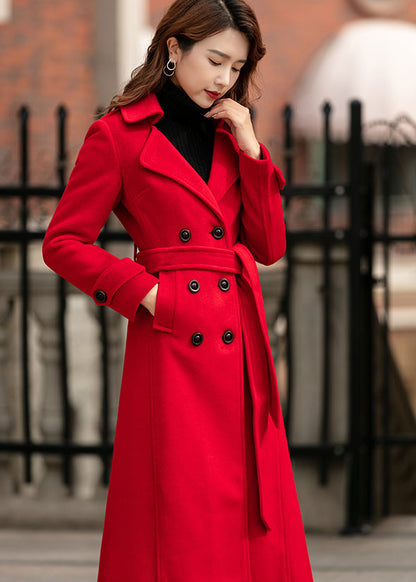 Navy Wool Maxi Coat - Double Breasted A-Line with Belt 2459