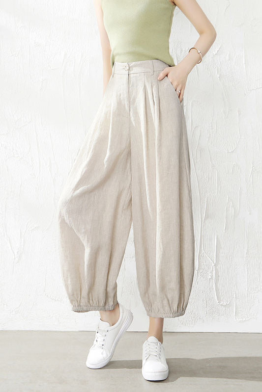 Beige Linen Wide Leg Pants - Back Elastic Waist Casual Fit 3529