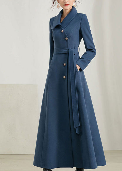Blue Wool Maxi Coat - Fit and Flare Silhouette with Belt 2949