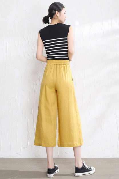Yellow Linen Wide Leg Pants - Back Elastic Waist, Front Pockets 3523