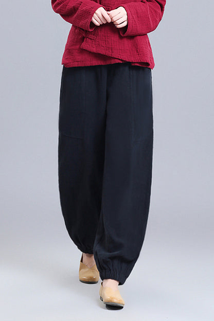 Black Linen Wide Leg Pants - Loose Fit Elastic Waist Bloomers 3669