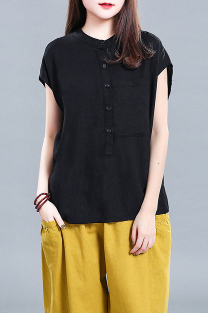 White Linen Cotton Short Sleeve Top - Loose Fit with Front Pocket 3677