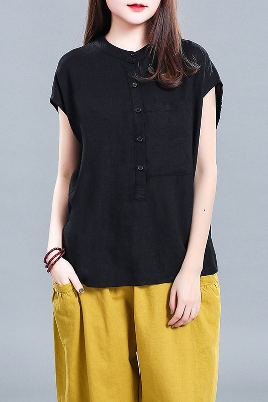 Women Vintage Inspired Short Sleeve Loose Linen Tops 3677