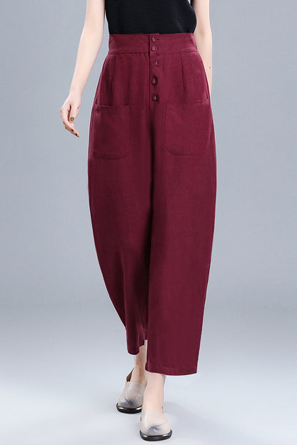 Wine Red Linen Cotton Wide Leg Pants - Vintage High Waist 3670