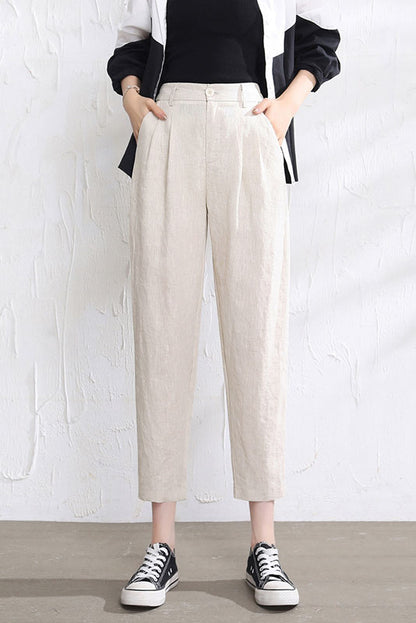 Rust Brown Linen Casual Pants - Loose Fit, Elastic Waist 3512