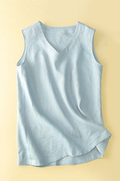 White Linen Sleeveless Vest - V-Neck Casual Summer Top 3658