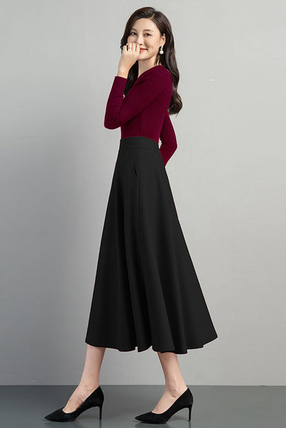 Burgundy Cotton Blend A-Line Midi Skirt - Back Elastic Waist 4102