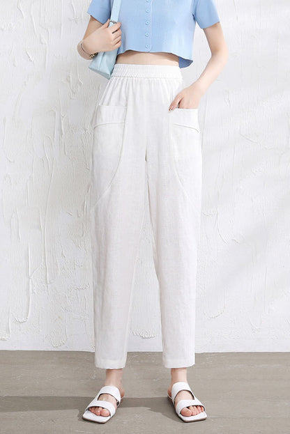 Beige Linen Pants - Elastic Waist Relaxed Fit Casual Style 3515