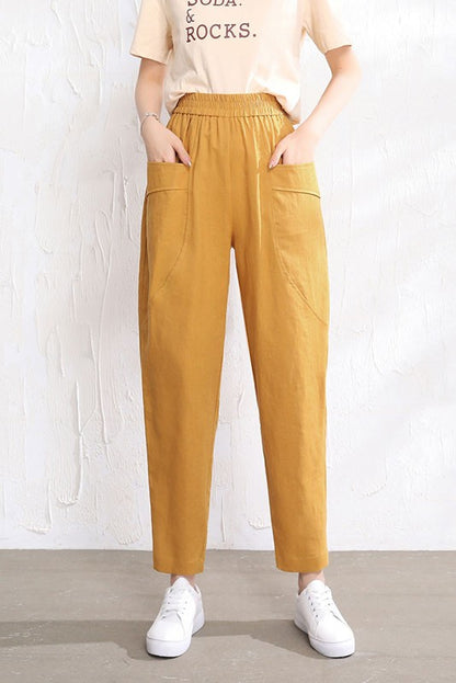 Beige Linen Pants - Elastic Waist Relaxed Fit Casual Style 3515