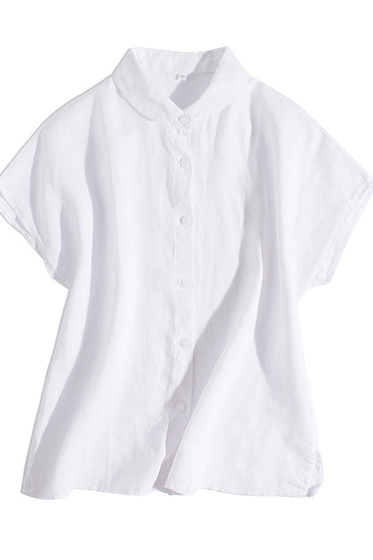 Beige Linen Shirt Top - Loose Fit Short Sleeve Button-Up 3654