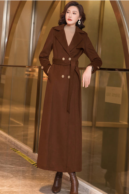 Black Wool Coat – Long Double Breasted Belted Winter Overcoat for Women 3970