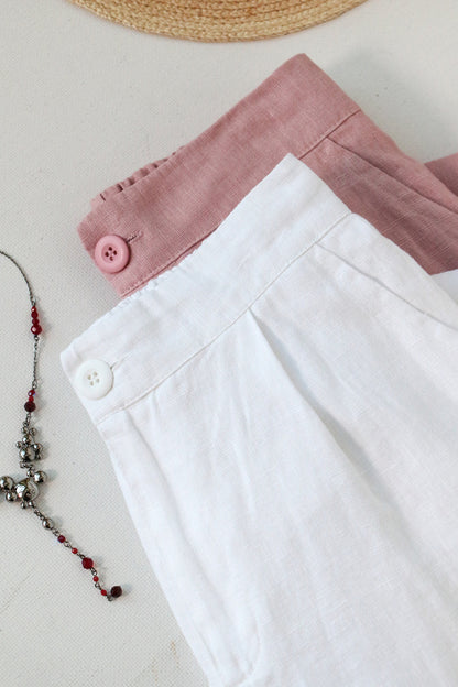Pink Linen Wide Leg Pants - Elastic Waist, Casual Comfort 3508