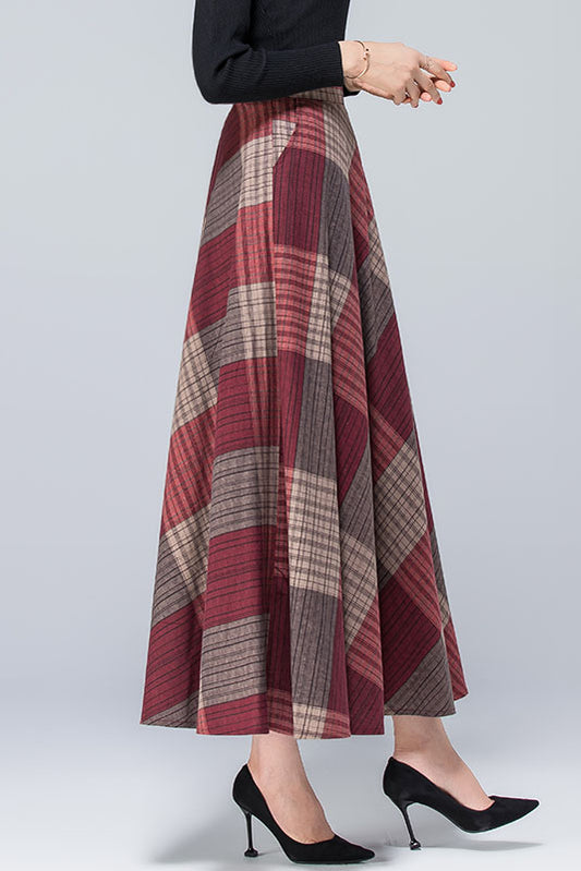Long A-Line Plaid Linen Skirt 4118