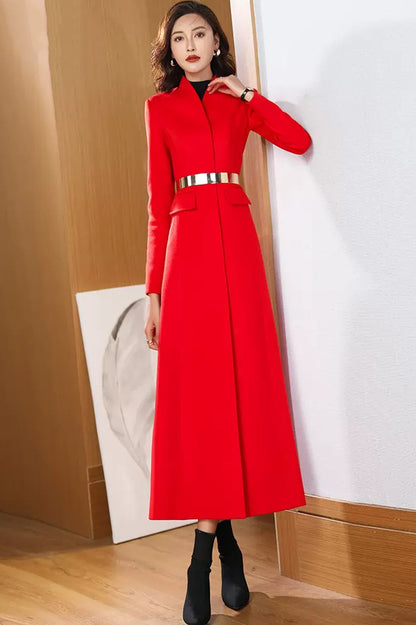 Red Wool Coat – Handmade Long Button Front Fit & Flare Winter Overcoat for Women 3972