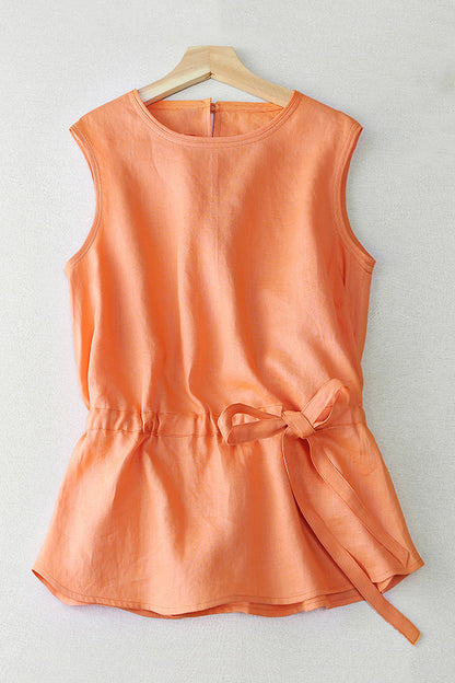 Apricot Linen Sleeveless Top - Relaxed Fit with Waist Tie 3659