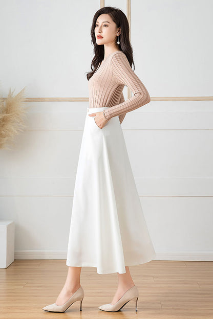 White Cotton Blend Midi A-Line Skirt - High Waist, Elegant Silhouette 40
