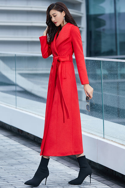 Handmade Red Wool Coat – Elegant Double-Breasted Belted Long Winter Overcoat | Xiaolizi 3981