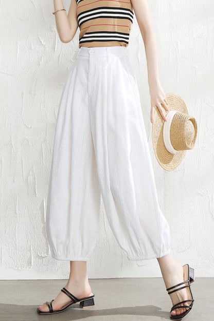 Beige Linen Wide Leg Pants - Casual Relaxed Fit with Elastic Waist 3516