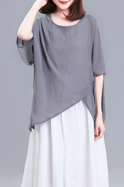 Grey Linen Casual Top - Round Neck Asymmetrical Hem 3675