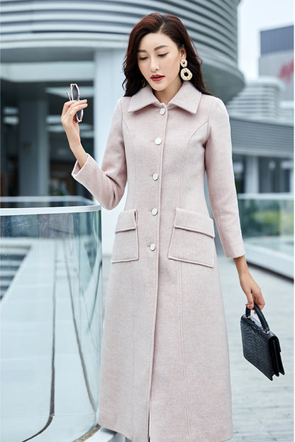 Light Pink Wool Coat – Handmade Long Slim Fit Winter Overcoat for Women 3977