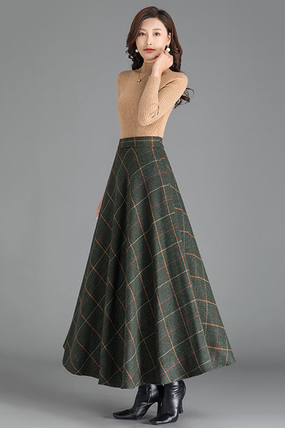 Green Plaid Wool Maxi Skirt – High Waist A-Line Winter Skirt for Women 3793