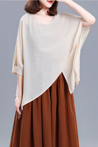 Grey Linen Casual Top - Round Neck Asymmetrical Hem 3675