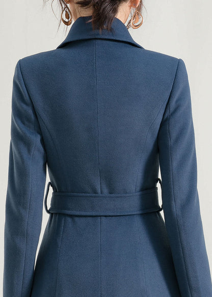 Blue Wool Maxi Coat - Fit and Flare Silhouette with Belt 2949