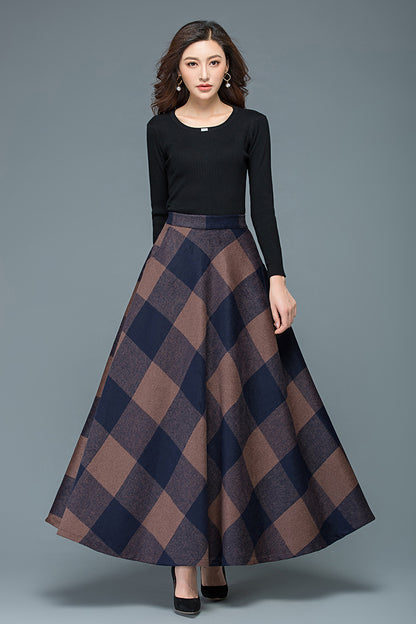 Plaid Wool Long Skirt - Full Flowy A-Line Silhouette 3947