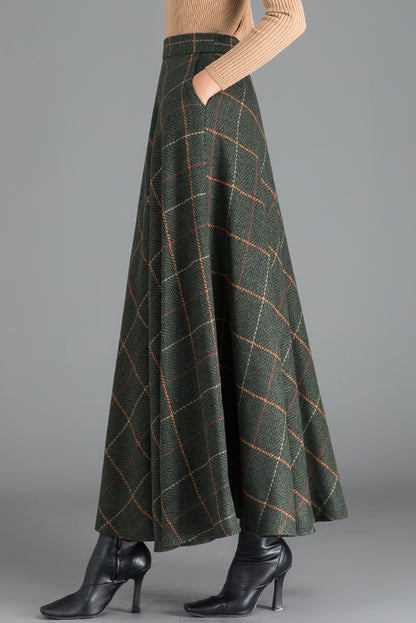 Green Plaid Wool Maxi Skirt – High Waist A-Line Winter Skirt for Women 3793