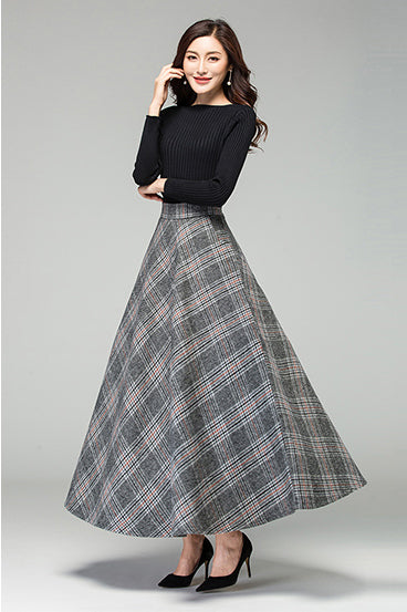Black & White Wool A-Line Skirt - Elastic Waist with Side Pockets 3927