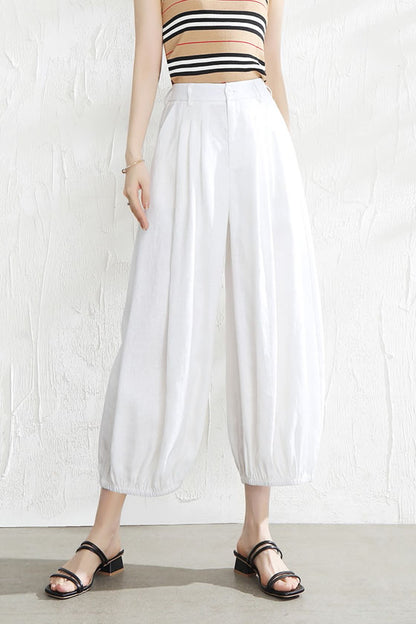 Beige Linen Wide Leg Pants - Casual Relaxed Fit with Elastic Waist 3516