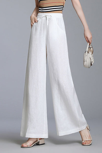 Light Grey Linen Wide Leg Pants - Elastic Waist, Belted Detail 3525