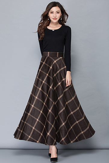 High Waist A-Line Plaid Wool Skirt 3792