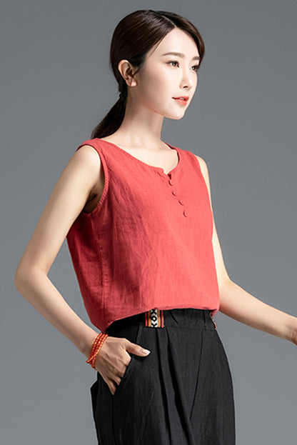 Linen V-Neck Tank Top - High Low Hem Sleeveless Summer | Xiaolizi 3407