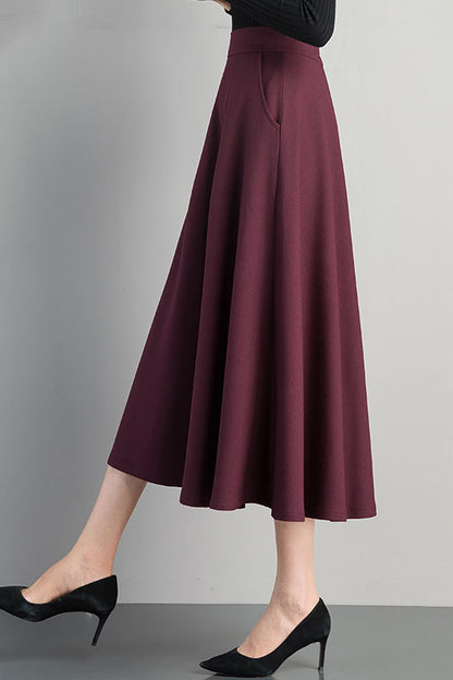 Burgundy Cotton Blend A-Line Midi Skirt - Back Elastic Waist 4102
