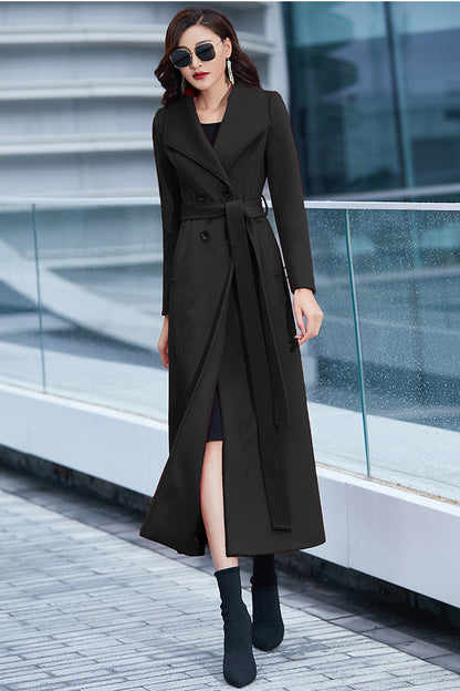 Handmade Red Wool Coat – Elegant Double-Breasted Belted Long Winter Overcoat | Xiaolizi 3981
