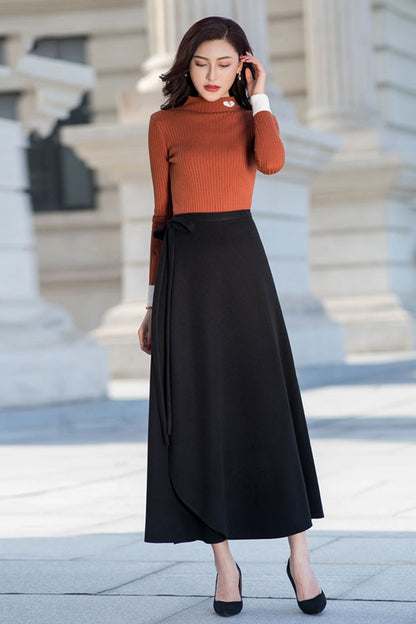 Black Cotton Blend A-Line Maxi Skirt - High Waist Wrap with Belt 40