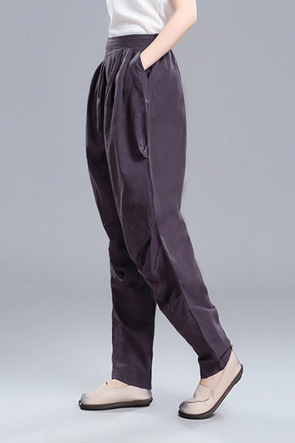 Black Linen Cotton Wide Leg Pants - Vintage Inspired Elastic Waist 3672