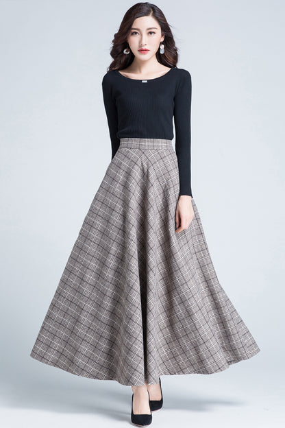 Beige Wool Swing Maxi Skirt - Elastic Waist Plaid Elegance 3936