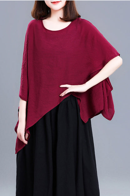 Grey Linen Casual Top - Round Neck Asymmetrical Hem 3675