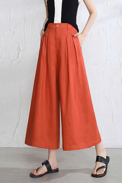 Women’s Linen Palazzo Pants – Casual Wide Leg Pants with Pockets, Plus Size 3524