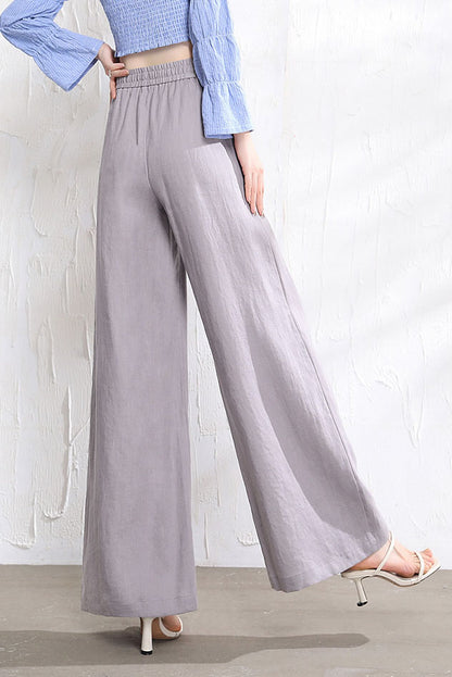 White Linen Wide Leg Pants - Elastic Waist with Front Pockets 3518
