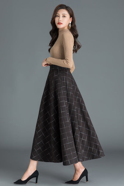 Black & White Plaid Wool A-Line Skirt - Flowy Ankle Length 3809