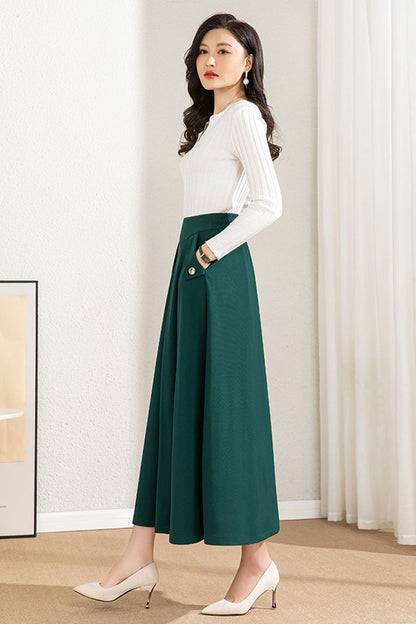 Emerald Green Cotton Blend A-Line Maxi Skirt - High Waist, Flowing Silhouette 40