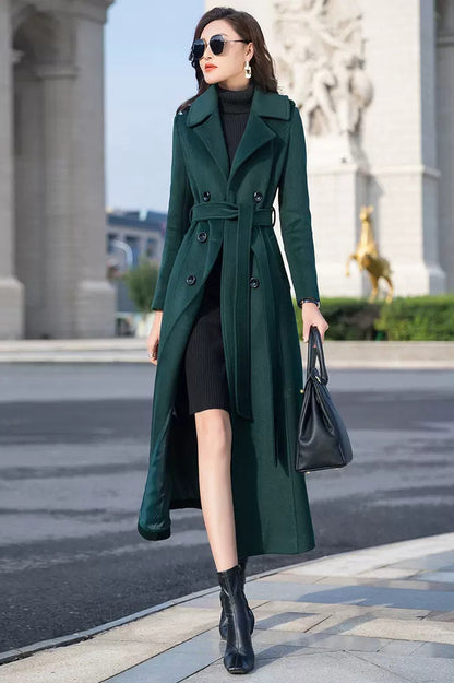 Vintage-Inspired Long Wool Coat – Women’s Belted Winter Overcoat with Pockets 3980