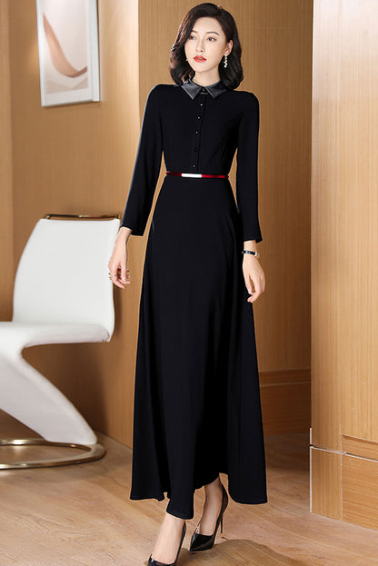 Navy Polyester Dress - Fit and Flared, Polo Collar with Nine-Quarter Sleeves 3196